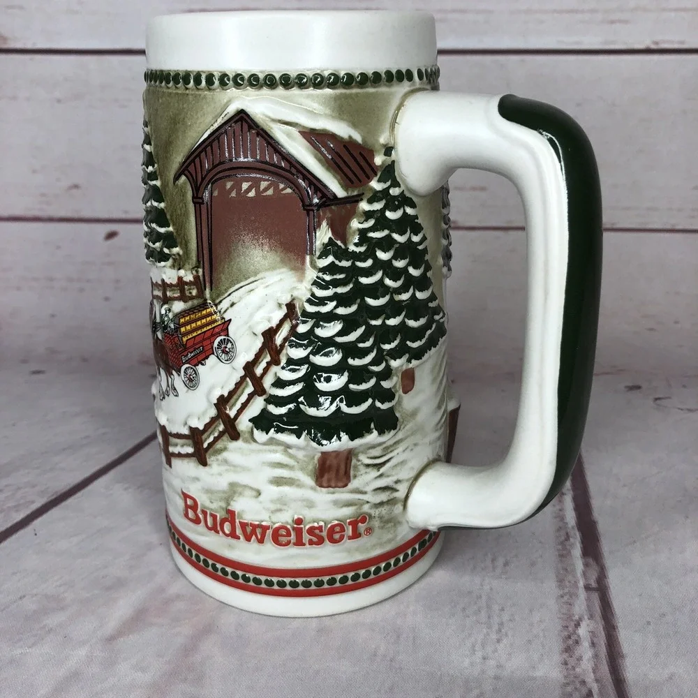 Vintage Budweiser Stein Mug Clydesdales Christmas Ceramarte‎ Snowy Winters Eve